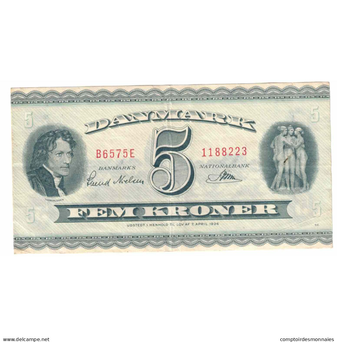 Billet, Danemark, 5 Kroner, 1936, 1936-04-07, KM:42e, SUP - Danemark