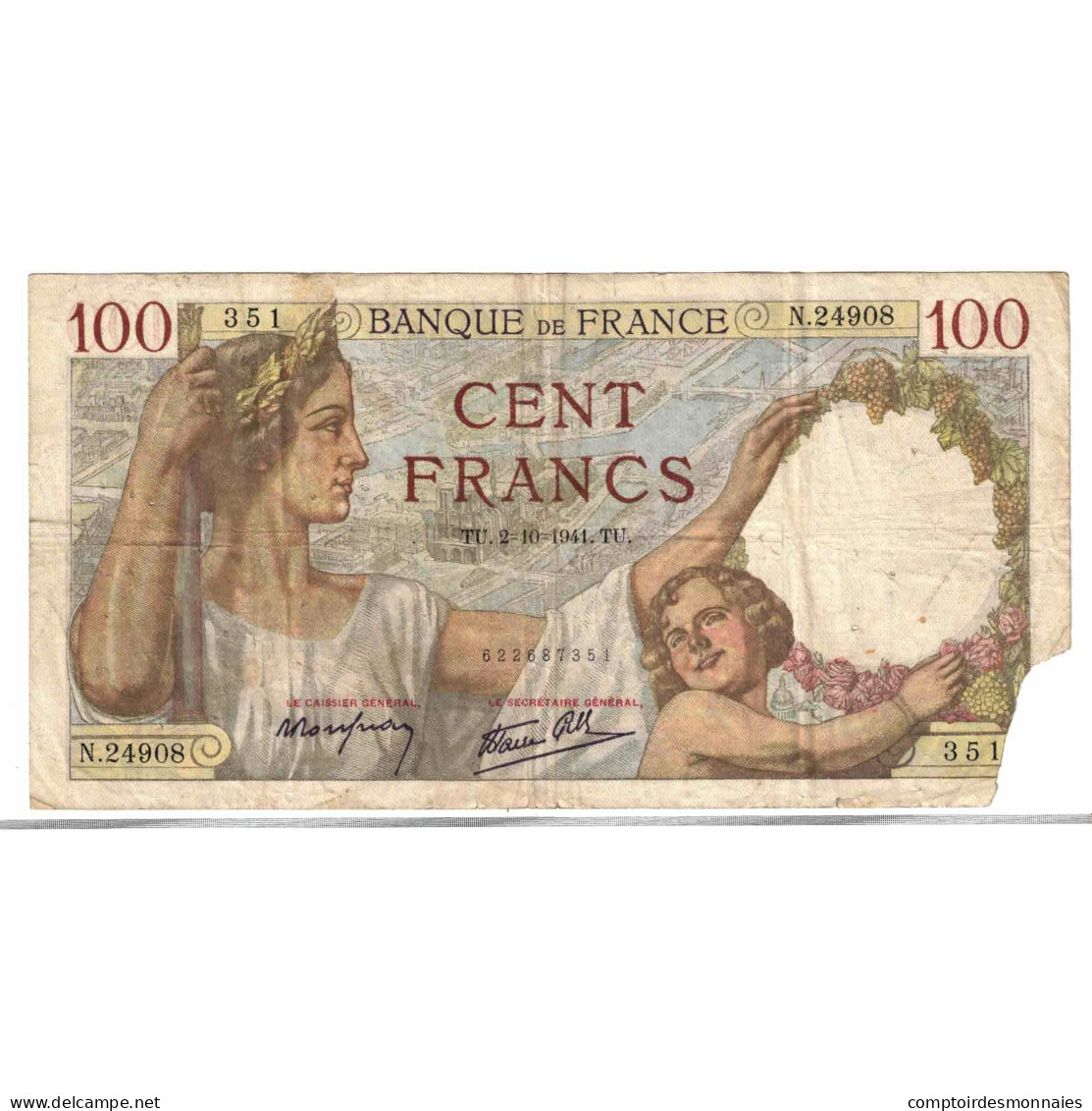 France, 100 Francs, Sully, 1941, N.24908, AB, Fayette:26.58, KM:94 - 100 F 1939-1942 ''Sully''