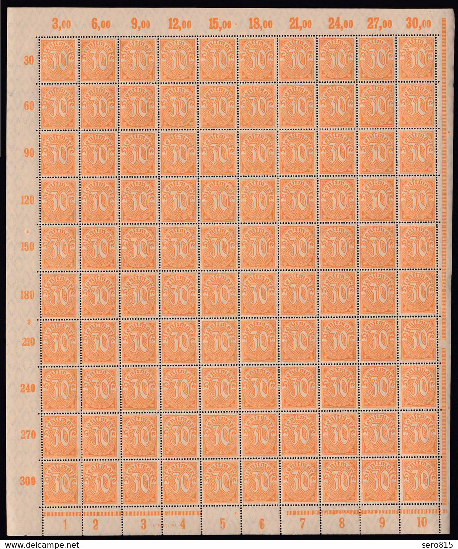 Deutsches Reich Dienstmarke 30 Pfg. Original-Bogen Mi. Nr. 27 Postfrisch - Servizio