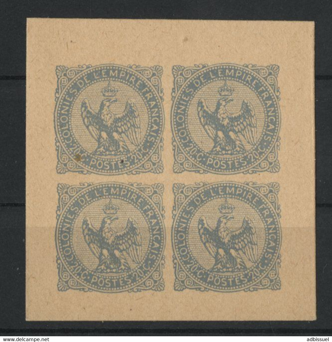 Colonies Générales ESSAI Gris-bleu Du N° 4 20 Ct Aigle Impérial En Bloc De 4 Sur Papier Cartonné - Aigle Impérial