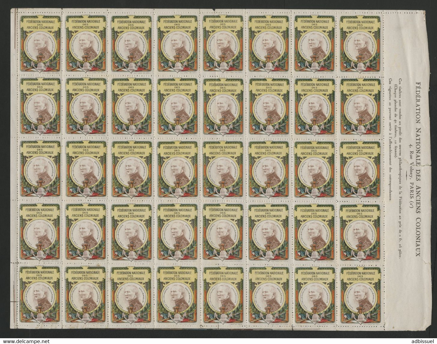 Feuille Complète De 40 Vignettes GOUVERNEUR VAN VOLLENHOVEN FEDERATION NATIONALE DES ANCIENS COLONIAUX Voir Description - Militärmarken