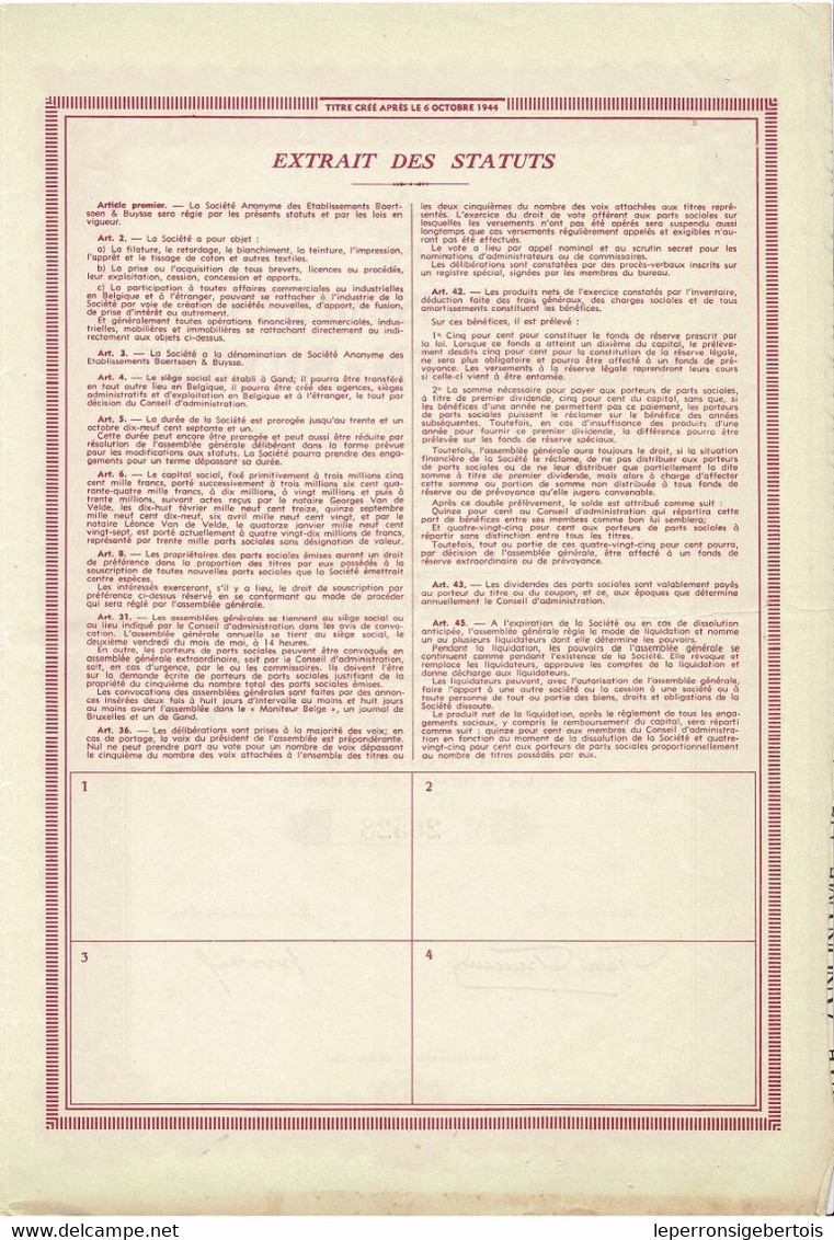 - Titre De 1946 - Société Anonyme Des Etablissements Baertsoen & Buysse - - Textile