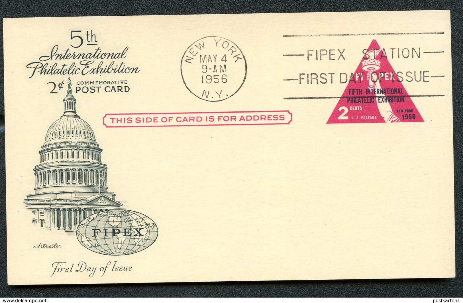 UX44 S61af Postal Card TOP OF TRIANGLE ROUNDED FDC Artmaster 1956 Cat. $50.00 - 1941-60