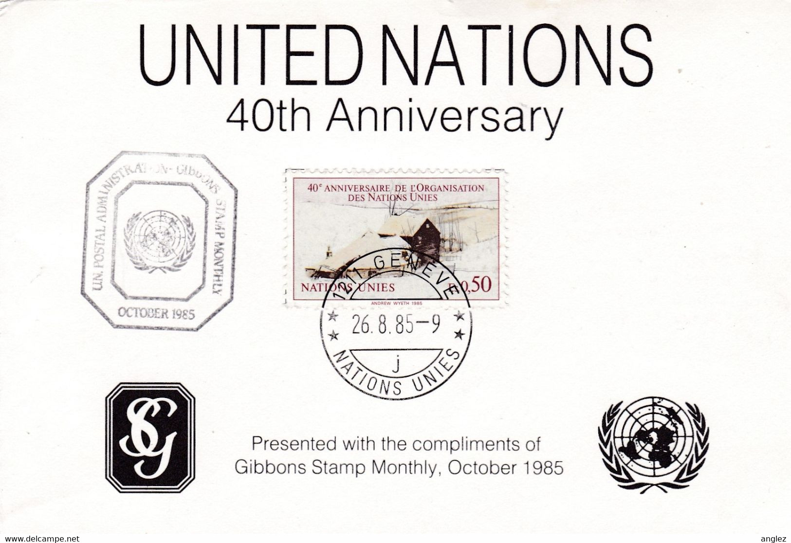 United Nations Geneva Office - 1985 40th Anniversary Commemorative Card With Cachet - Brieven En Documenten