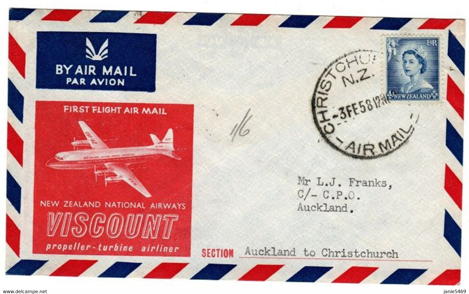 New Zealand 1958  First Flight Auckland-christchurch,souvenir Cover - Covers & Documents