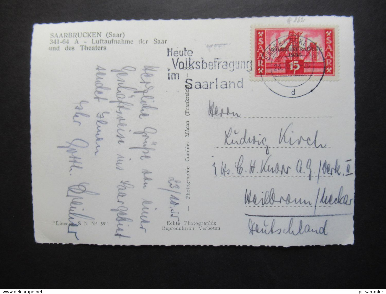 Saarland 23.10.1955 Volksbefragung 1955 Michel Nr.362 EF Mit Werbestempel Volksbefragung Echtfoto AK Saarbrucken - Lettres & Documents