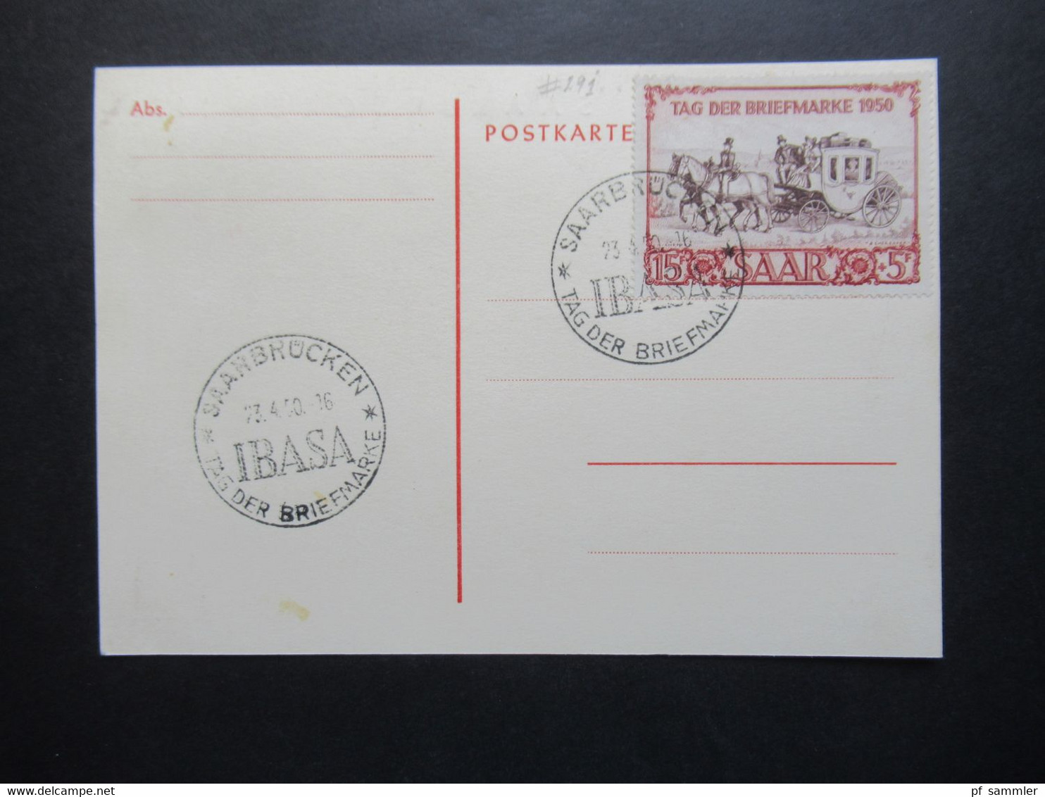 Saarland 1950 IBASA Maximumkarte / Sonderstempel / FDC Nr. 291 Katalogwert 350€ Tag Der Briefmarke - Briefe U. Dokumente