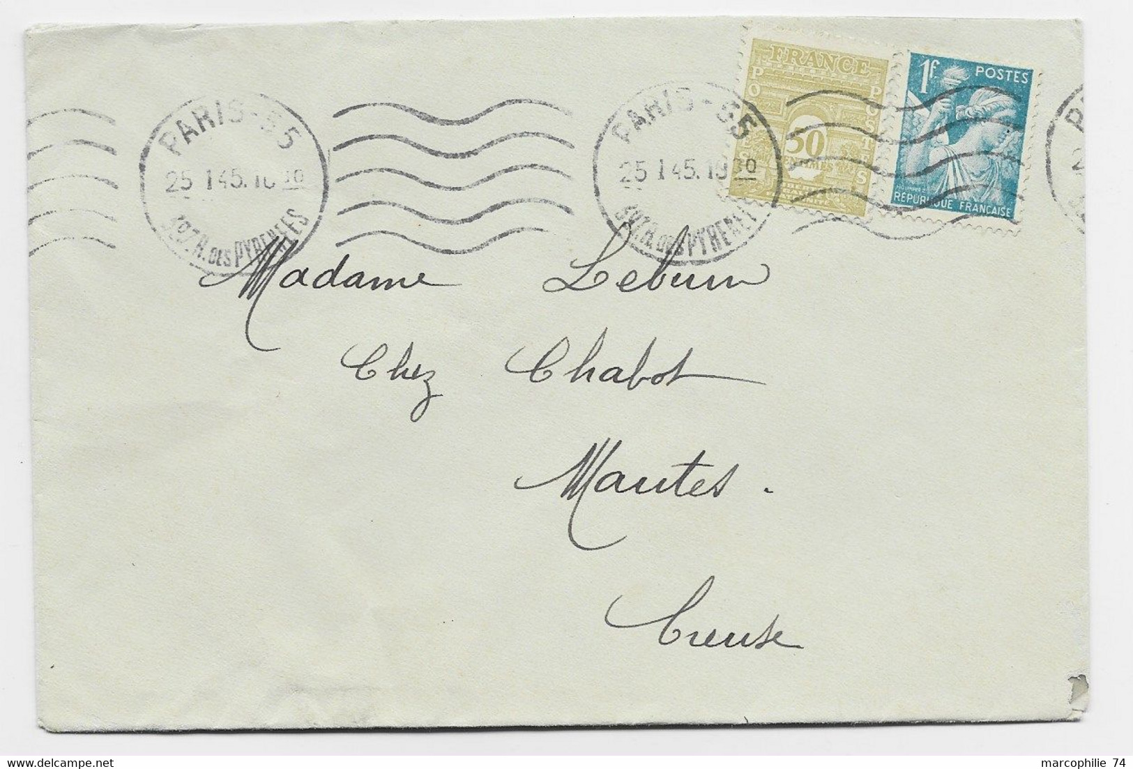 ARC TRIOMPHE 50C+ 1FR IRIS TURQUOISE LETTRE MEC PARIS 55 25.1.1945 AU TARIF - 1944-45 Triumphbogen