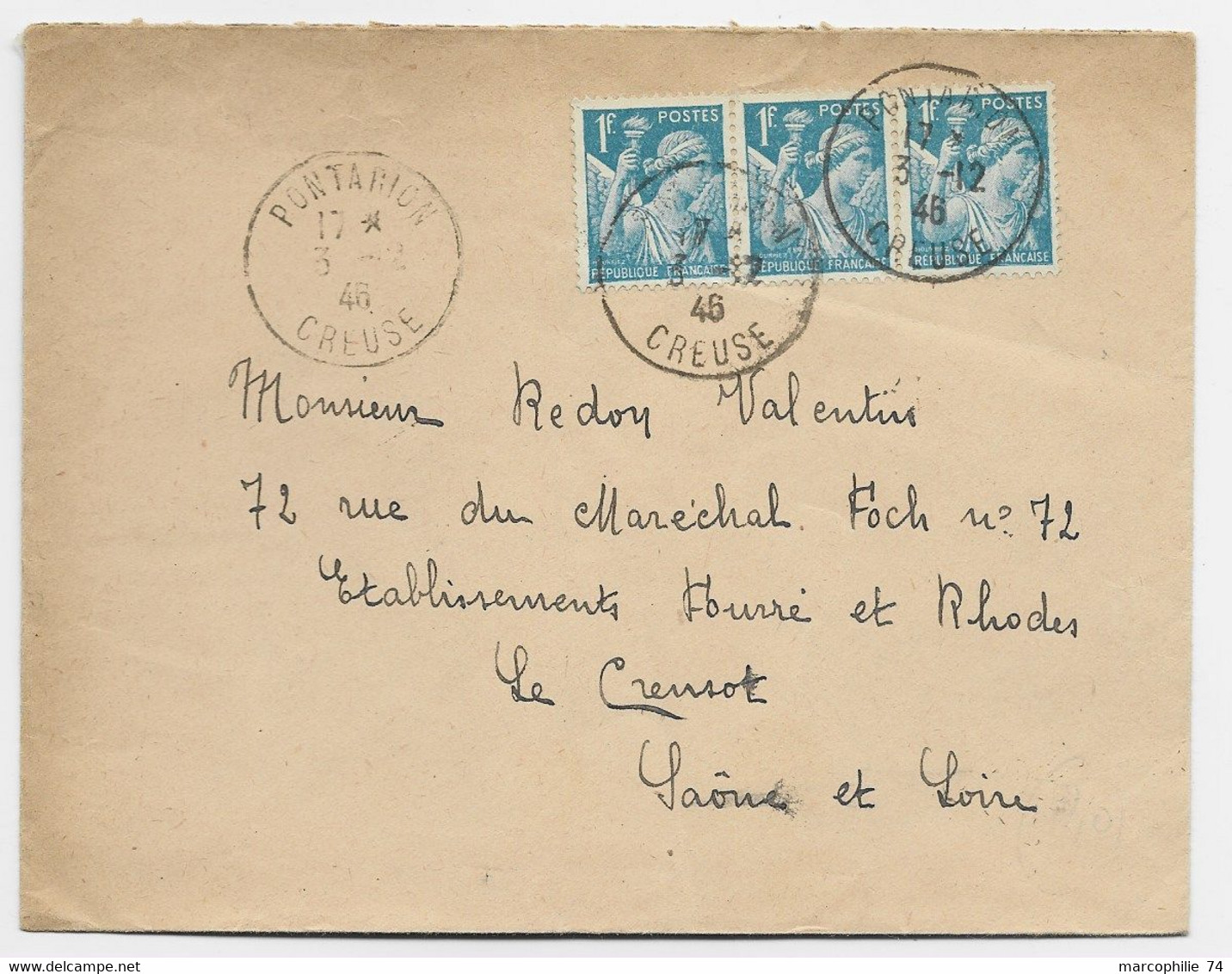 IRIS 1FR TURQUOISE BANDE DE 3 LETTRE PONTARION 3.2.1946 CREUSE AU TARIF - 1939-44 Iris