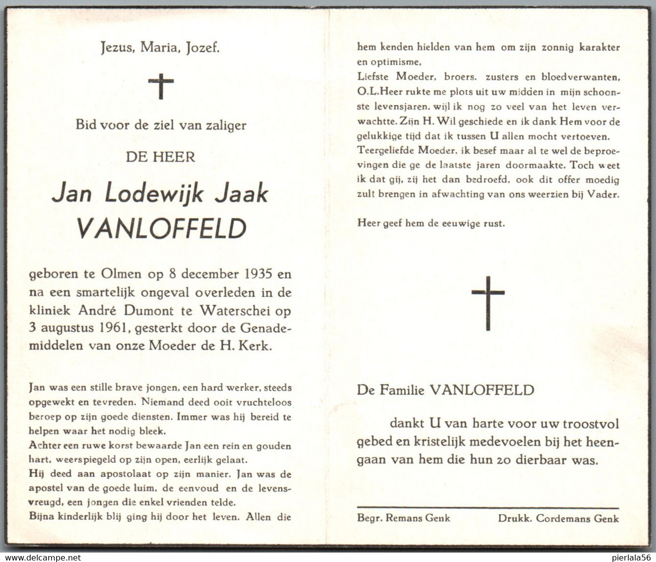 Bidprentje Olmen - Vanloffeld Jan Lodewijk Jaak (1935-1961) - Devotion Images