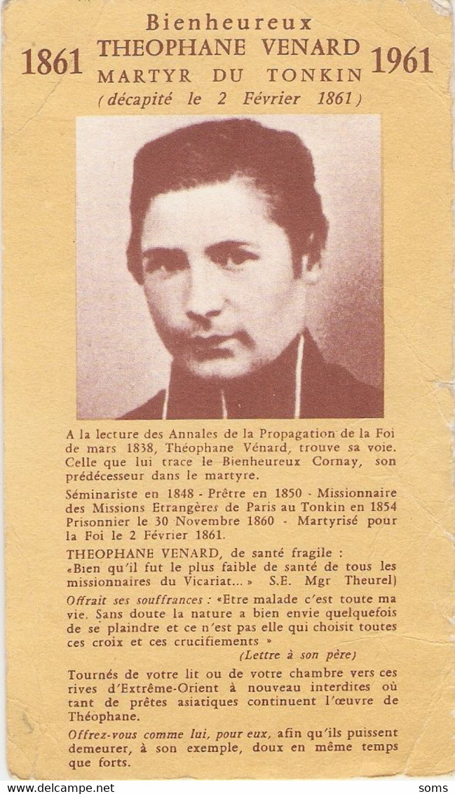 Image Du Bienheureux Théophane Vénard, Mlissionnaire, Martyr Du Tonkin, Décapité En 1861, Prière De Jean XXIII - Santini