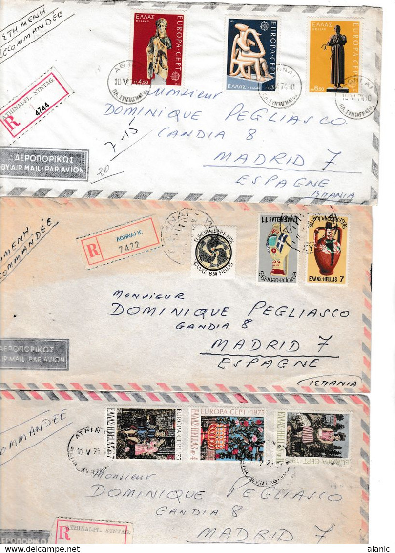 GRECE  LOT DE 3 LETTRES PAR AVION RECOMMANDEES EUROPA 1974/1975/1976  Pour L'Espagne - Cartas & Documentos