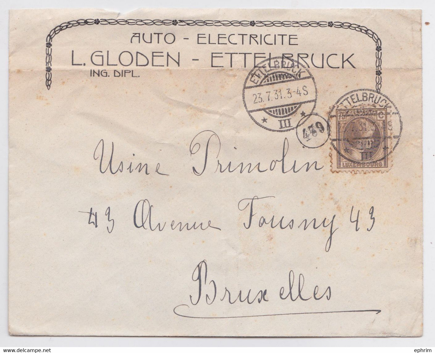 Auto-Electricité Gloden Ettelbruck Lettre Illustrée En-tête Timbre Luxembourg Cachet Postal 1931 - Cartas & Documentos