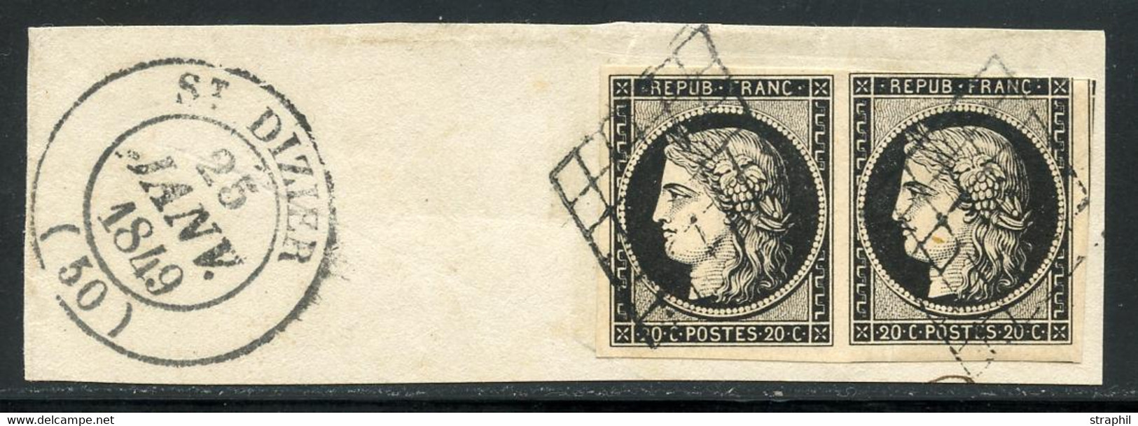 O EMISSION CERES 1849 - O - N°3a - 20c Noir S/blanc - Paire S/Fgt - Obl. Grille - Càd Type 14 St Dizier 25/1/49 - B/TB - 1849-1850 Ceres