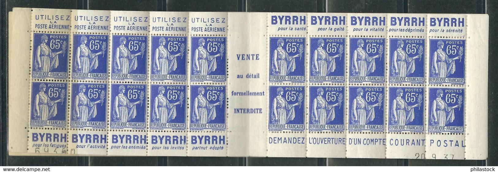 FRANCE Carnet N° 365 C 9 ** Daté 20/9/37 - Other & Unclassified