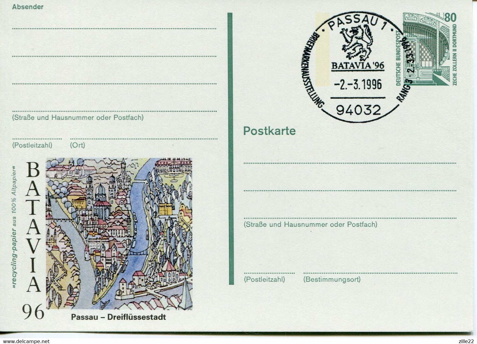 Germany Deutschland Postal Stationery - Private Card - Zollern Mine Design - Stamp Exhibition Passau - Cartes Postales Privées - Oblitérées