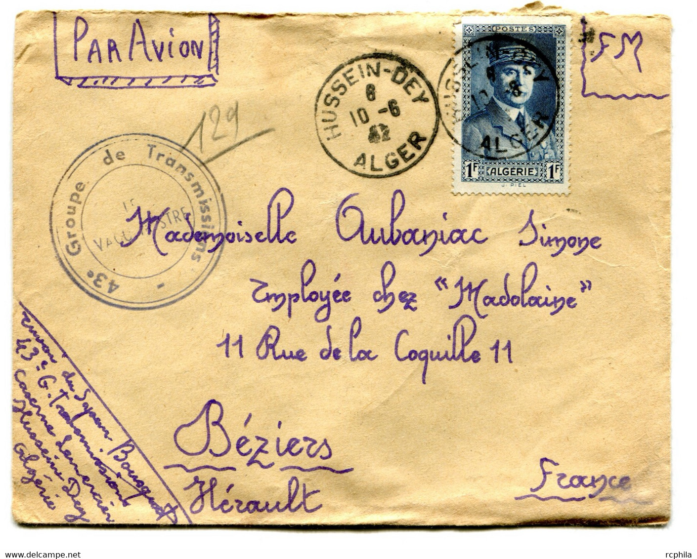 RC 22975 ALGERIE 1942 HUSSEN DEY 43e GROUPE DE TRANSMISSIONS LETTRE EN FM PAR AVION POUR BEZIERS FRANCE - Lettres & Documents