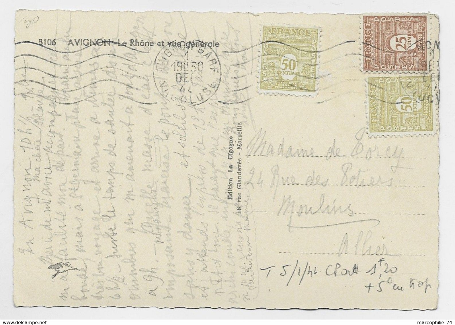 ARC TRIOMPHE 50CX+25C CARTE MEC AVIGNON GARE 1 DEC 1944 5 C EN TROP - 1944-45 Arc Of Triomphe