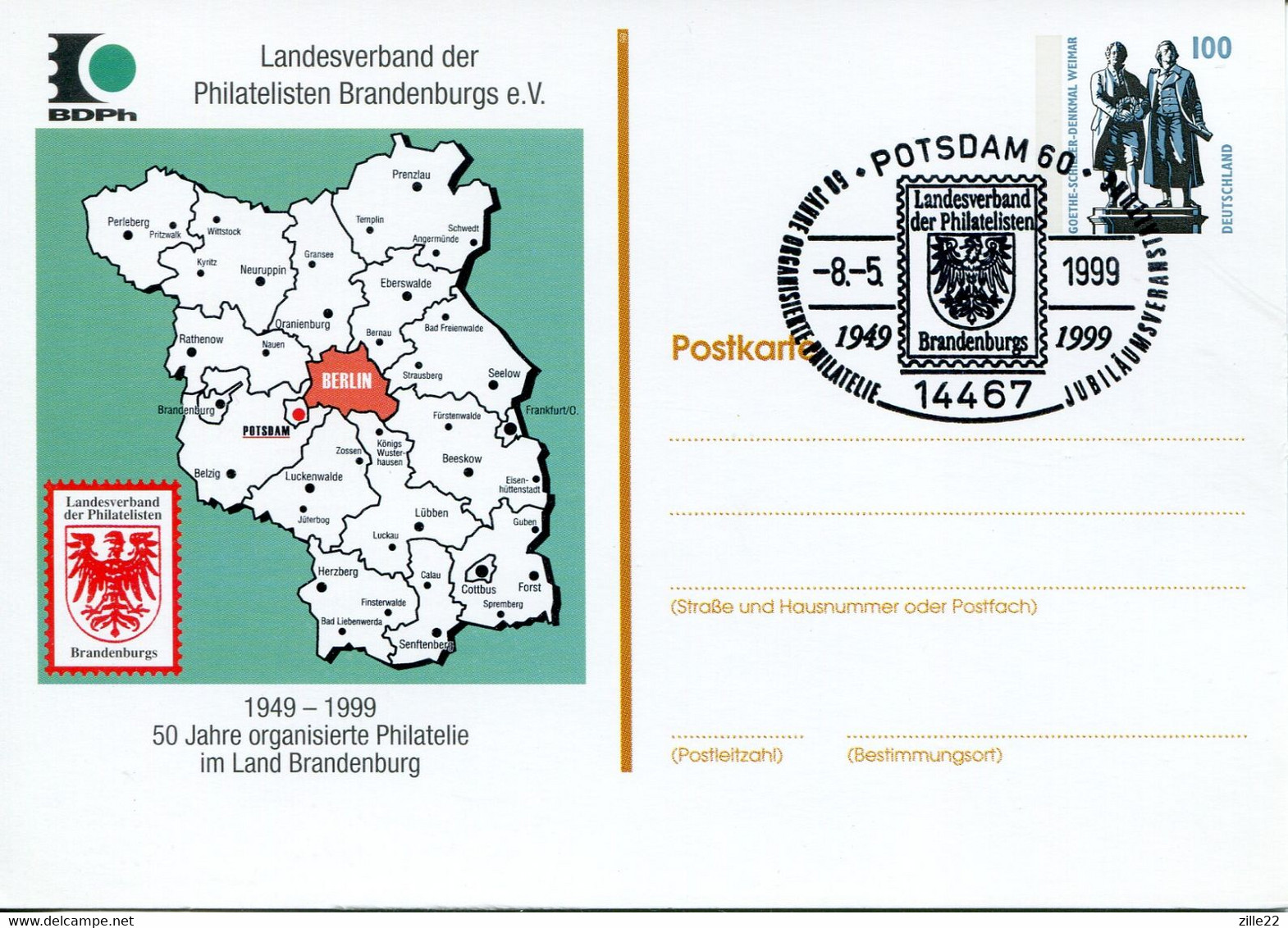 Germany Deutschland Postal Stationery - Private Card - Goethe-Schiller Design - Stamp Exhibition Potsdam - Privatpostkarten - Gebraucht