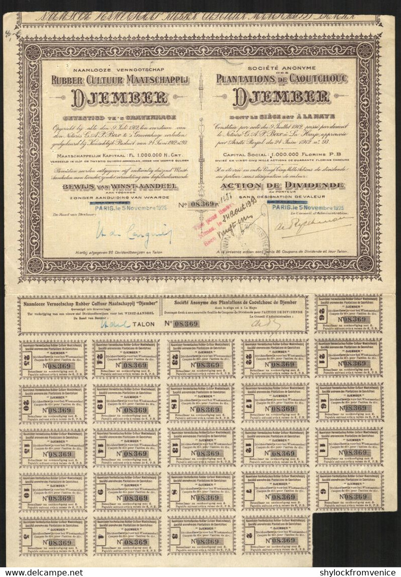 Plantations De Caoutchouc De Djember - Action De Dividende 1925 - VF - Automobil