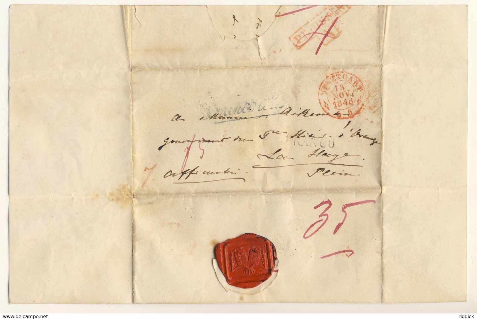 Lettre Autographe Stuttgart De 1848 De Sophie De Wurtemberg Adressée Au Gouverneur Du Prince Héritier D'Orange + Marques - Autographs