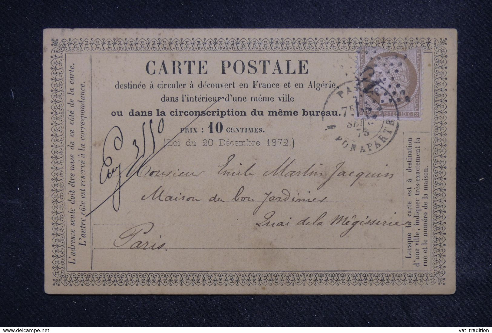 FRANCE - Cérès 10ct , étoile 15 Sur Carte Précurseur De Paris Pour Paris En 1873 - L 121790 - Vorläufer