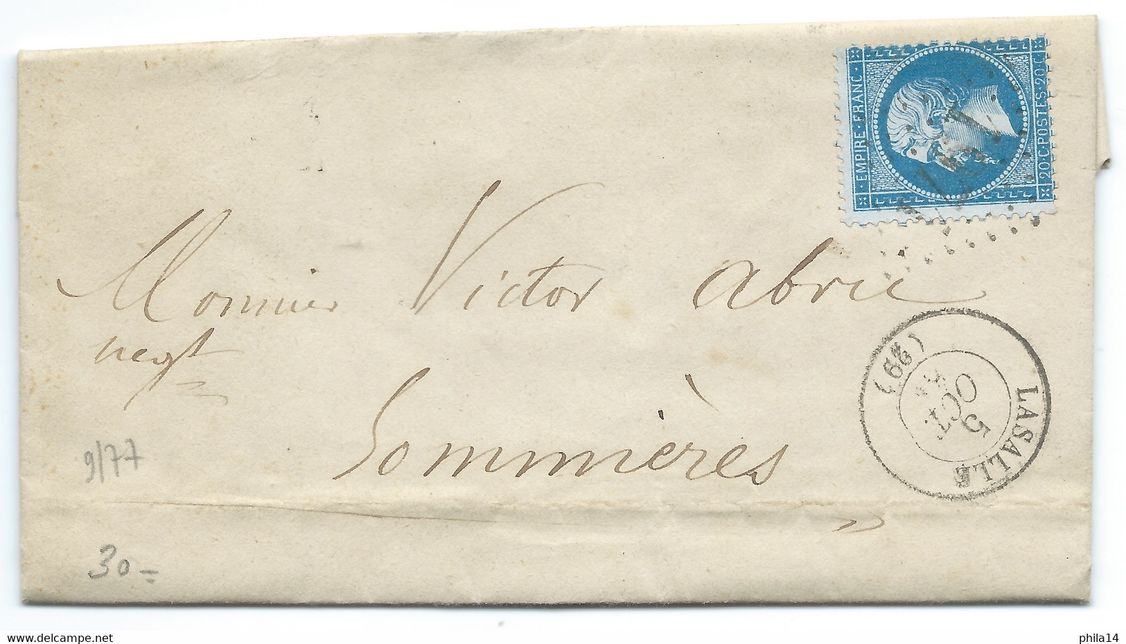 N° 22 BLEU NAPOLEON SUR LETTRE / LASALLE POUR SOMMIERES / 5 OCT 1864 / LAC - 1849-1876: Classic Period