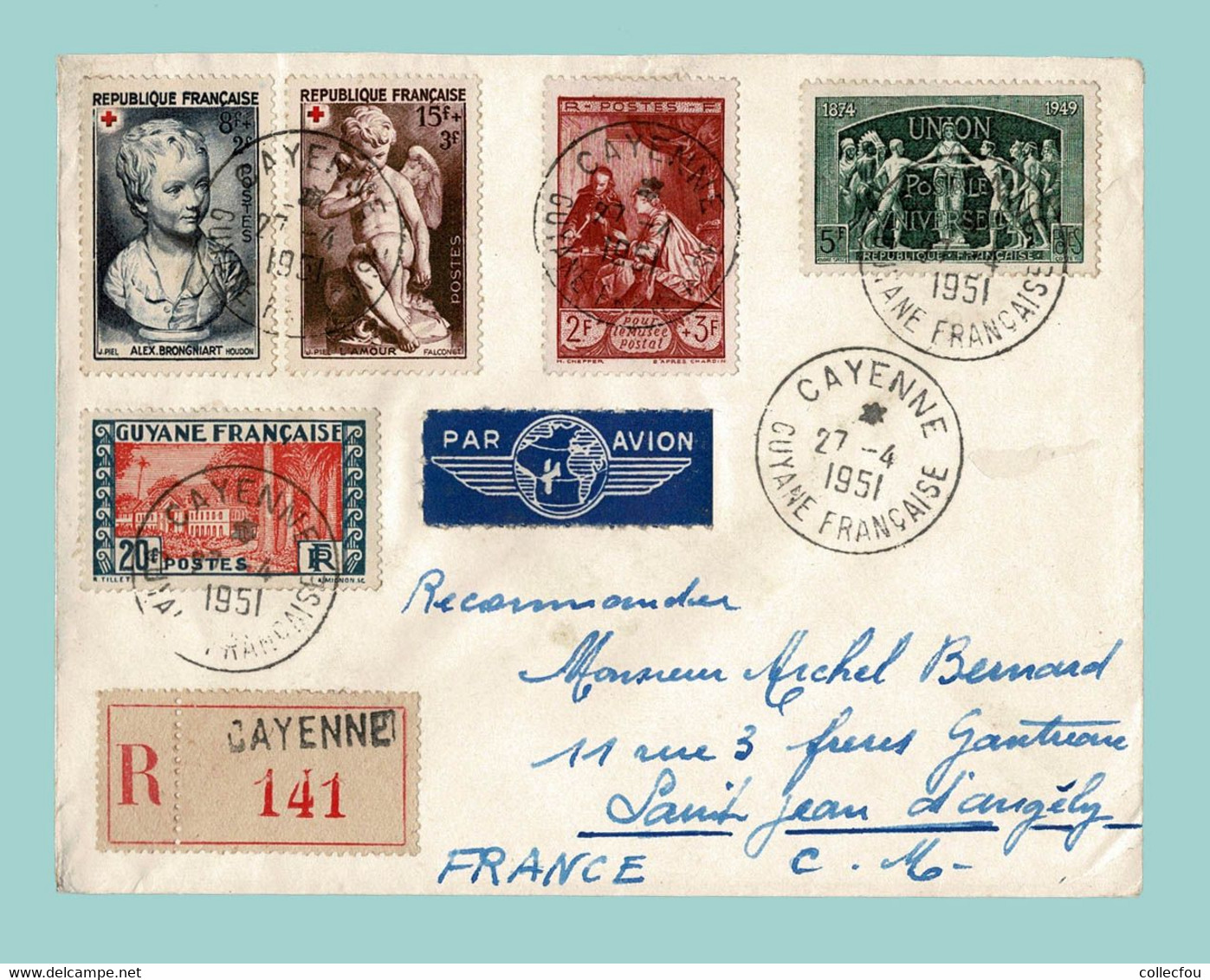 1951. Enveloppe Affranchie Lettre Recommandée Par AVION De CAYENNE, GUYANE FRANÇAISE à 17 St JEAN D'ANGÉLY - Cartas & Documentos