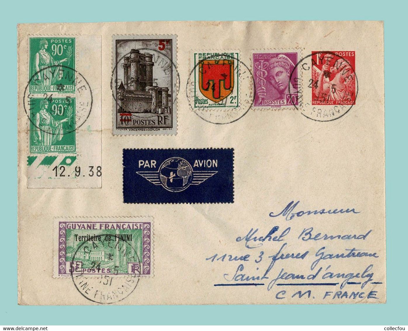 1951. Enveloppe Affranchie Lettre Par AVION De CAYENNE, GUYANE FRANÇAISE à 17 St JEAN D'ANGÉLY - Lettres & Documents