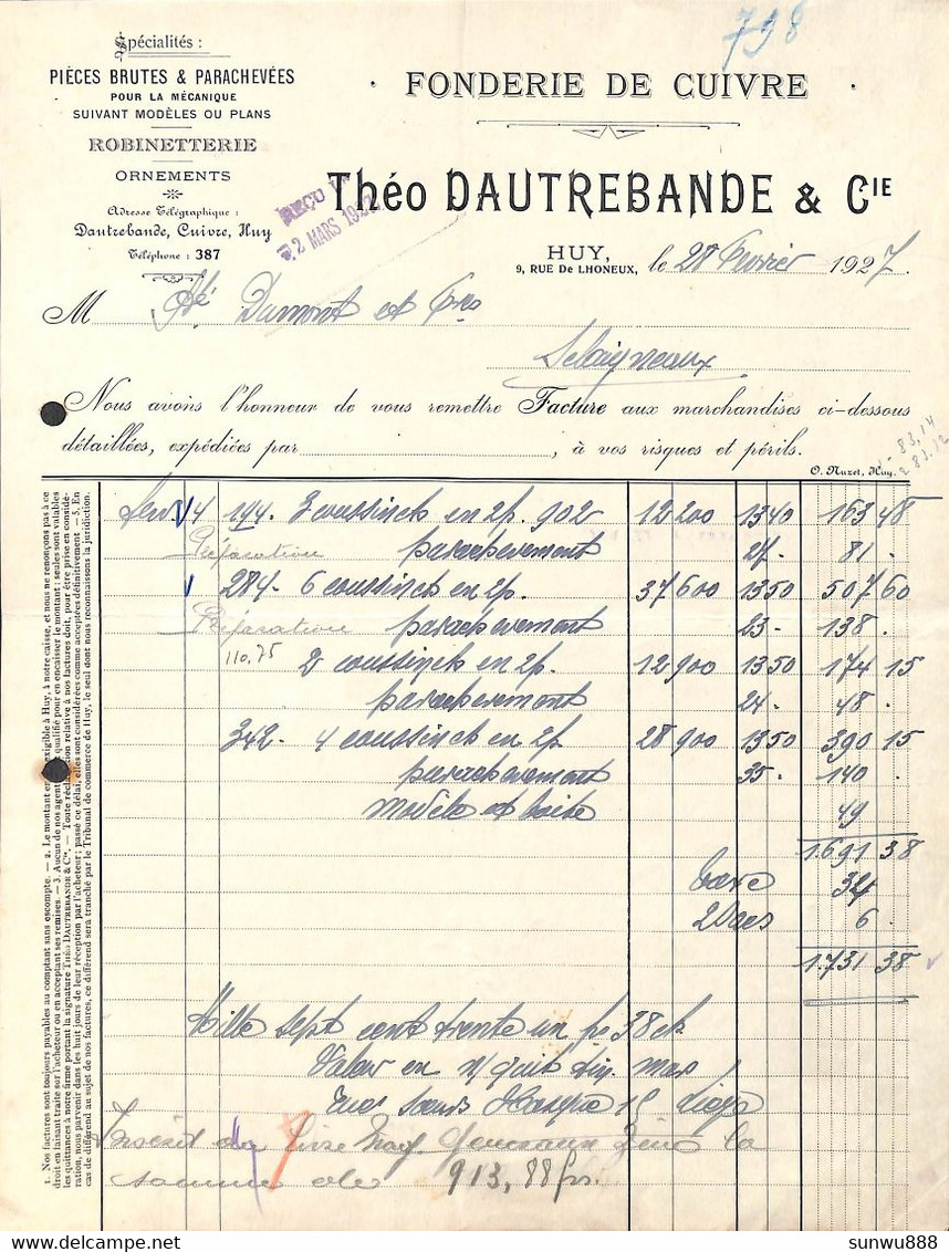 Huy - Fonderie De Cuivre Théo Dautrebande & Cie 1927 - 1900 – 1949