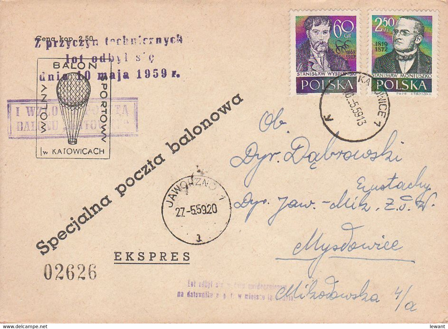 1959 Balloon Mail - Transported In A Balloon | KATOWICE - 02626 - Ballonpost