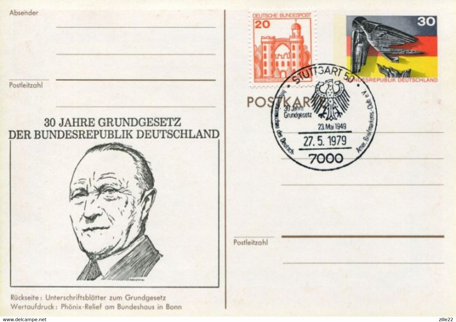 Germany Deutschland Postal Stationery - Private Card - Dove Design - 30th BRD Anniversary - Privatpostkarten - Gebraucht