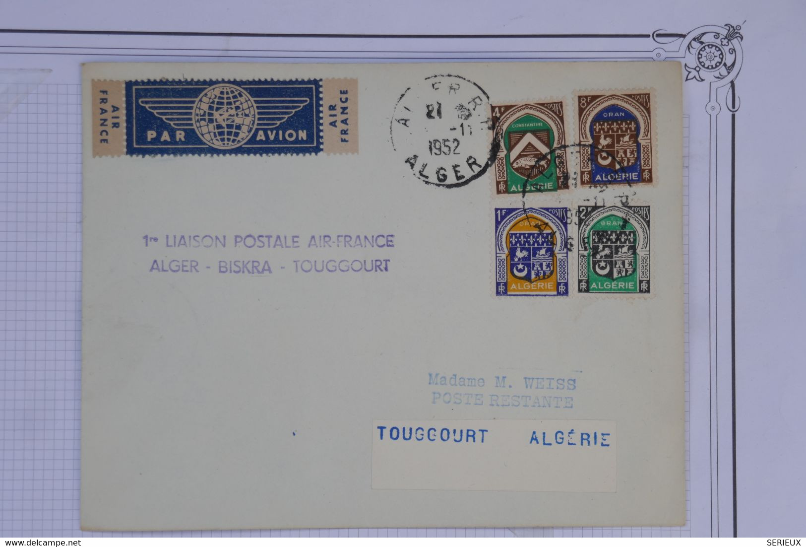 AV4  ALGERIE  BELLE  LETTRE  1952 1ER VOL ALGER POUR TOUGGOURT    +AFFRANCH.  INTERESSANT - Aéreo