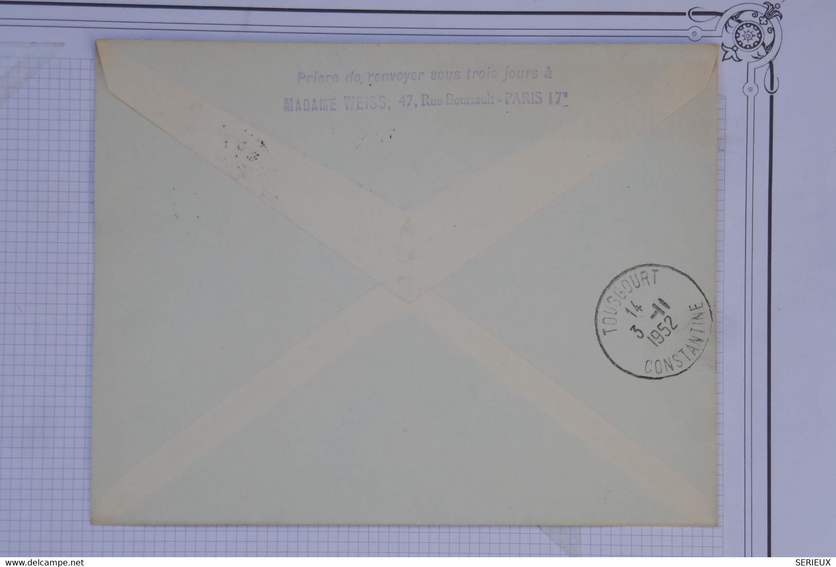 AV4  ALGERIE  BELLE  LETTRE  1952 1ER VOL ALGER POUR TOUGGOURT    +AFFRANCH.  INTERESSANT - Luftpost