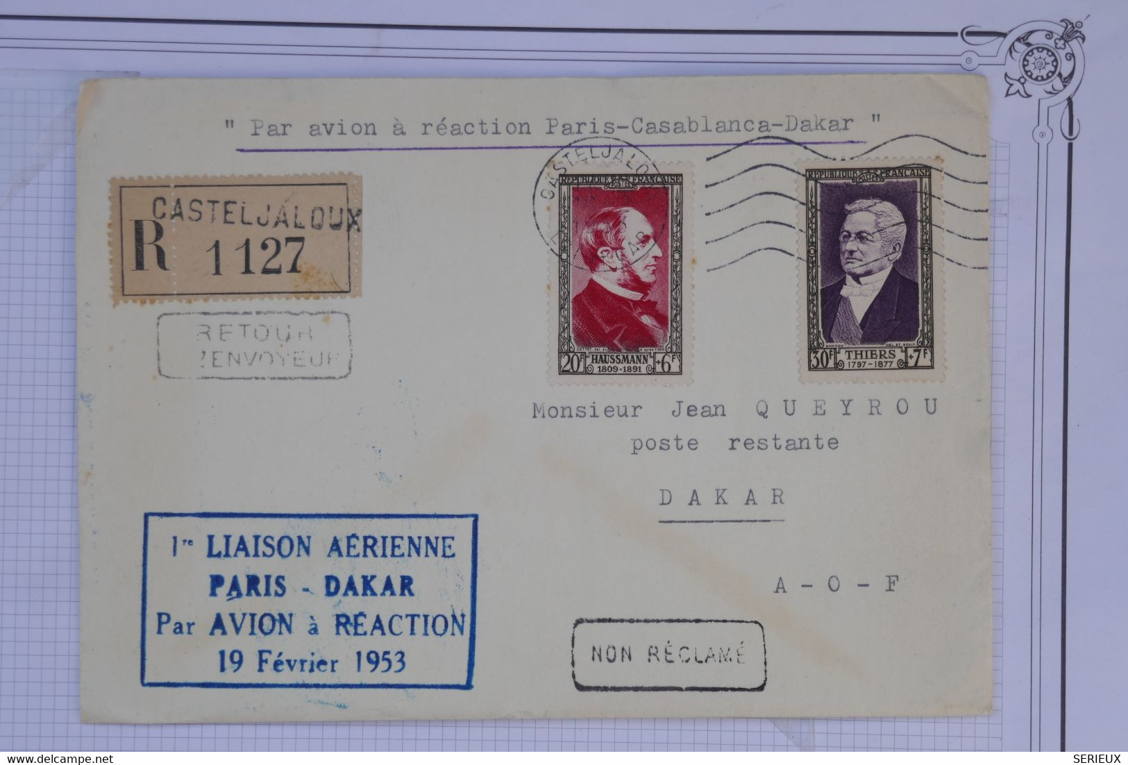 AV4  FRANCE   BELLE LETTRE RECOM. 1953 1ER VOL  PARIS DAKAR. DE CASTELJALOUX    +AFFRANCH.  INTERESSANT - 1960-.... Lettres & Documents