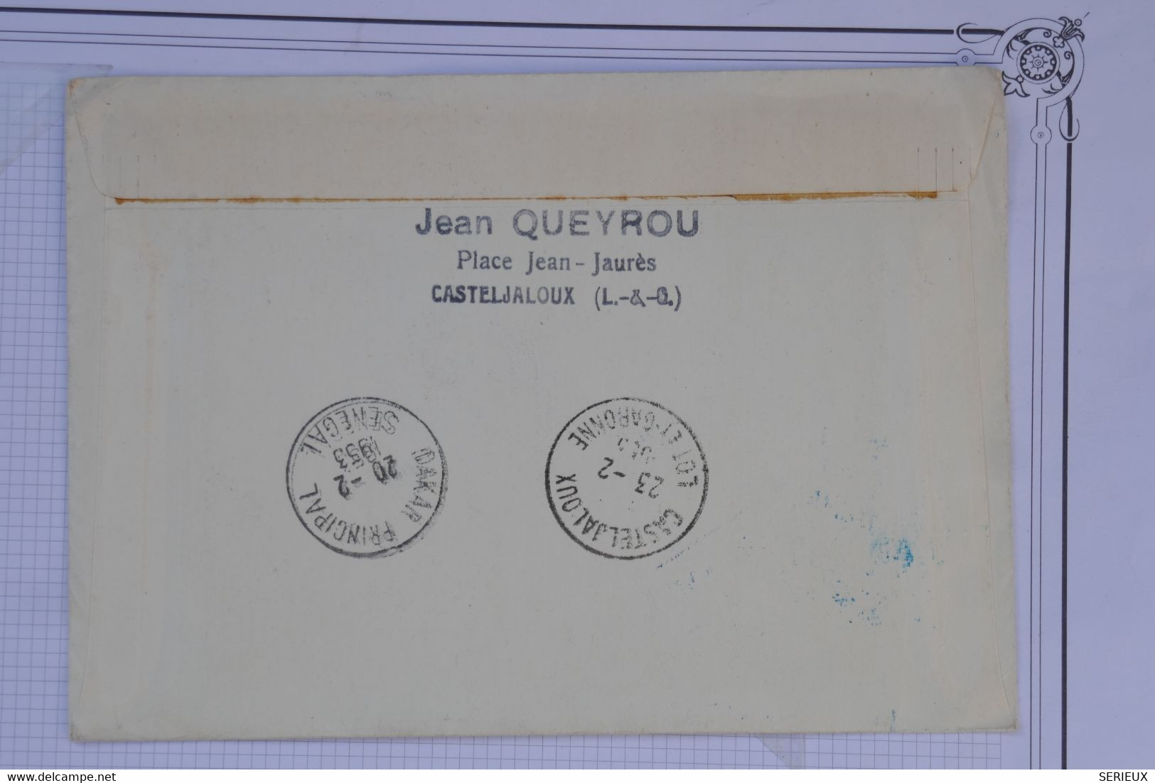 AV4  FRANCE   BELLE LETTRE RECOM. 1953 1ER VOL  PARIS DAKAR. DE CASTELJALOUX    +AFFRANCH.  INTERESSANT - 1960-.... Cartas & Documentos