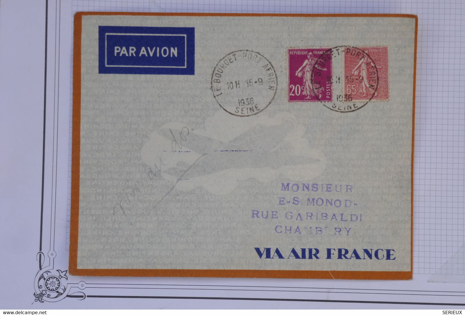 AV4  FRANCE   BELLE LETTRE  1938  1ER VOL  LE BOURGET CHAMBERY ++CACHET ROUGE VERSO +AFFRANCH.  PLAISANT - 1960-.... Covers & Documents