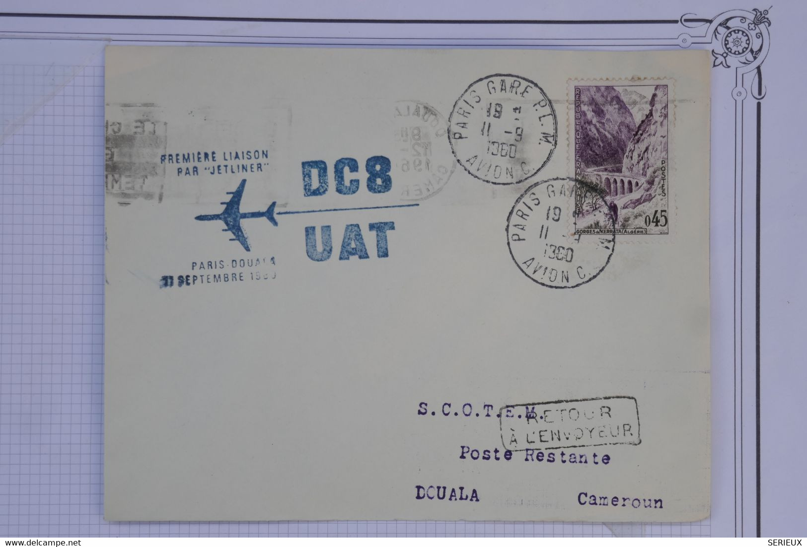 AV4  FRANCE  BELLE LETTRE 1960 1ER VOL PARIS  DOUALA  CAMEROUN  +AFFRANCH.  PLAISANT - 1960-.... Lettres & Documents