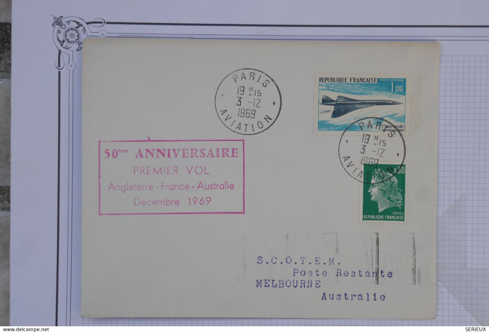 AV4  FRANCE  BELLE LETTRE  1969   HOM. 1ER  VOL PARIS MELBOURNE AUSTRALIE  +SCOTEM +++AFFRANCH.  PLAISANT - 1960-.... Cartas & Documentos
