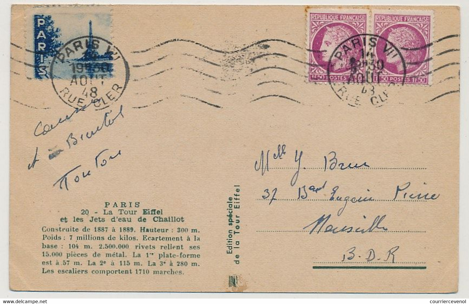 France => Vignette Touristique "Paris (Tour Eiffel)" Sur CP Affr 1,50 Cérès - 1948 - Lettres & Documents