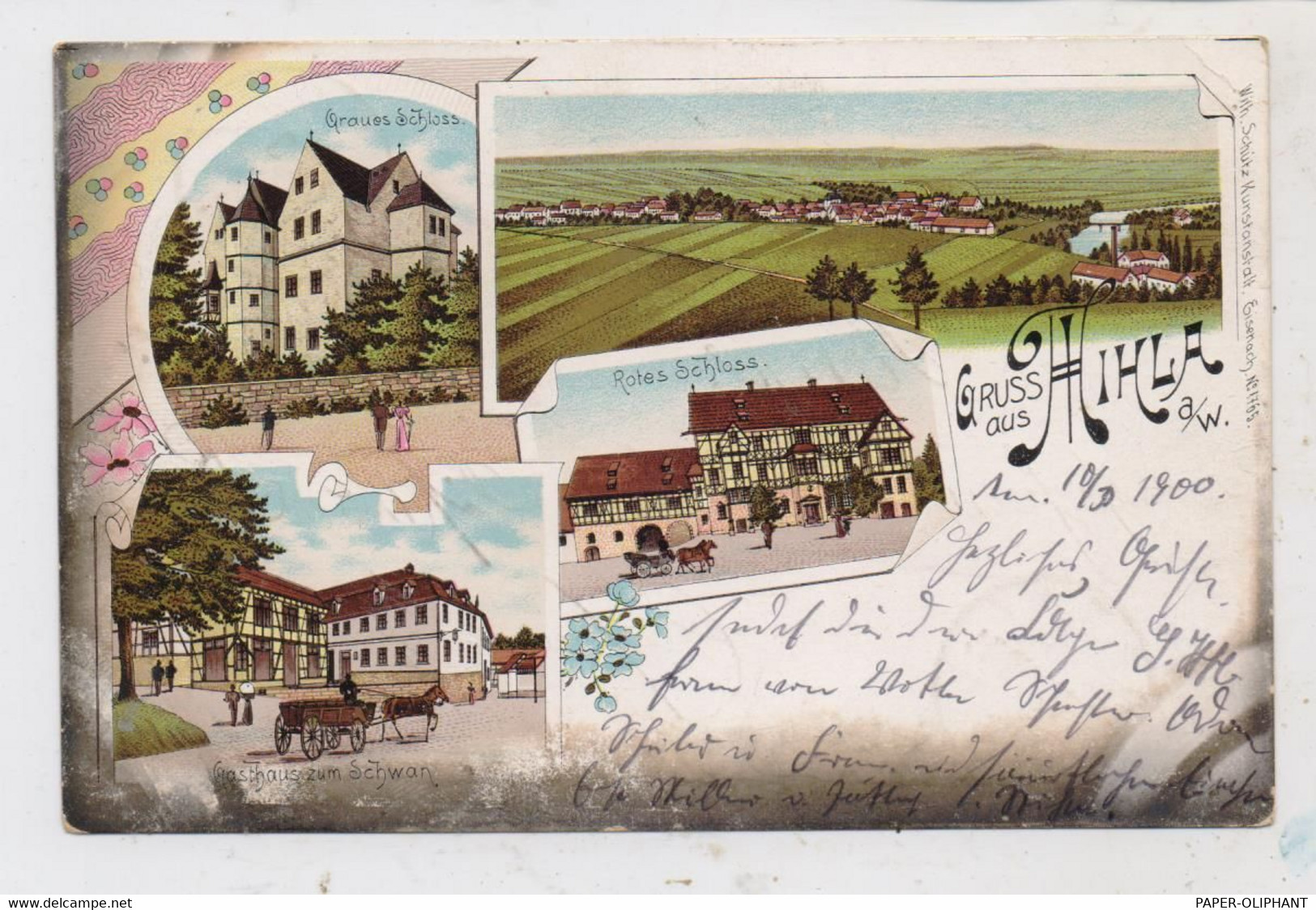 0-5905 MIHLA, Lithographie, Gasthaus Zum Schwan, Rotes Schloß, Graues Schloß, Dorfansicht, 1900 - Bad Salzungen