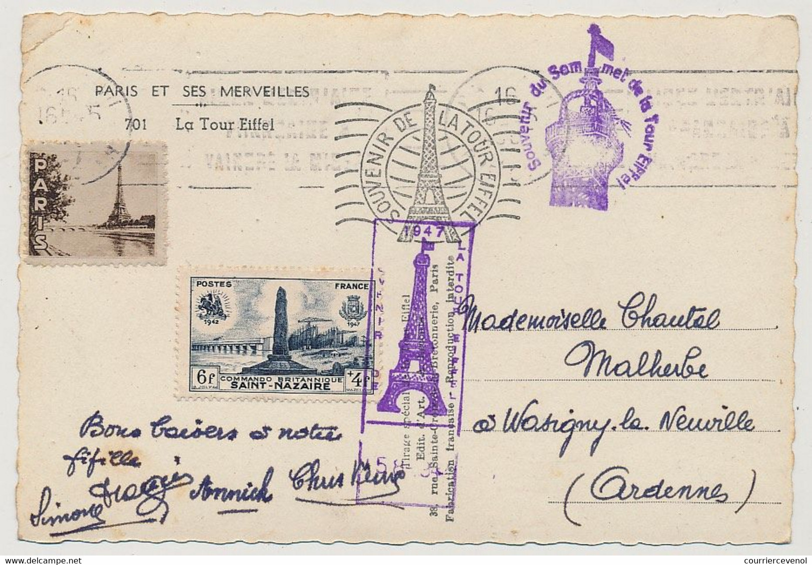 France => Vignette Touristique "Paris (Tour Eiffel)" Sur CP Affr 6F + 4F St Nazaire - Cachets Privés Tour Eiffel - 1947 - Lettres & Documents