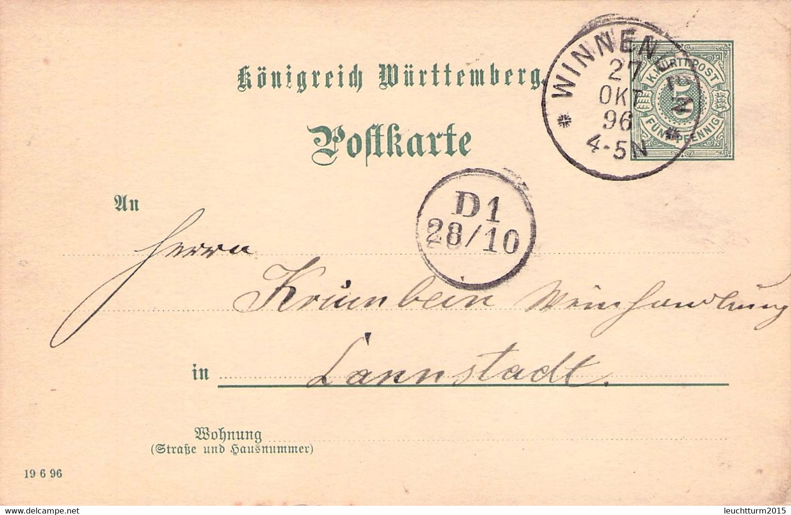 WÜRTTEMBERG - POSTKARTE 5 PF 1896 WINNENDEN > LANNSTADT / ZL192 - Other & Unclassified