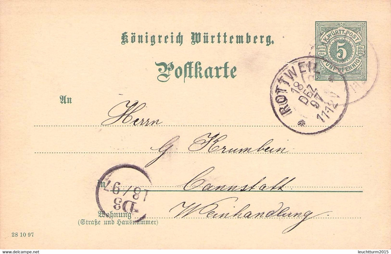 WÜRTTEMBERG - POSTKARTE 1897 WINNENDEN > CANNSTATT / ZL194 - Sonstige & Ohne Zuordnung