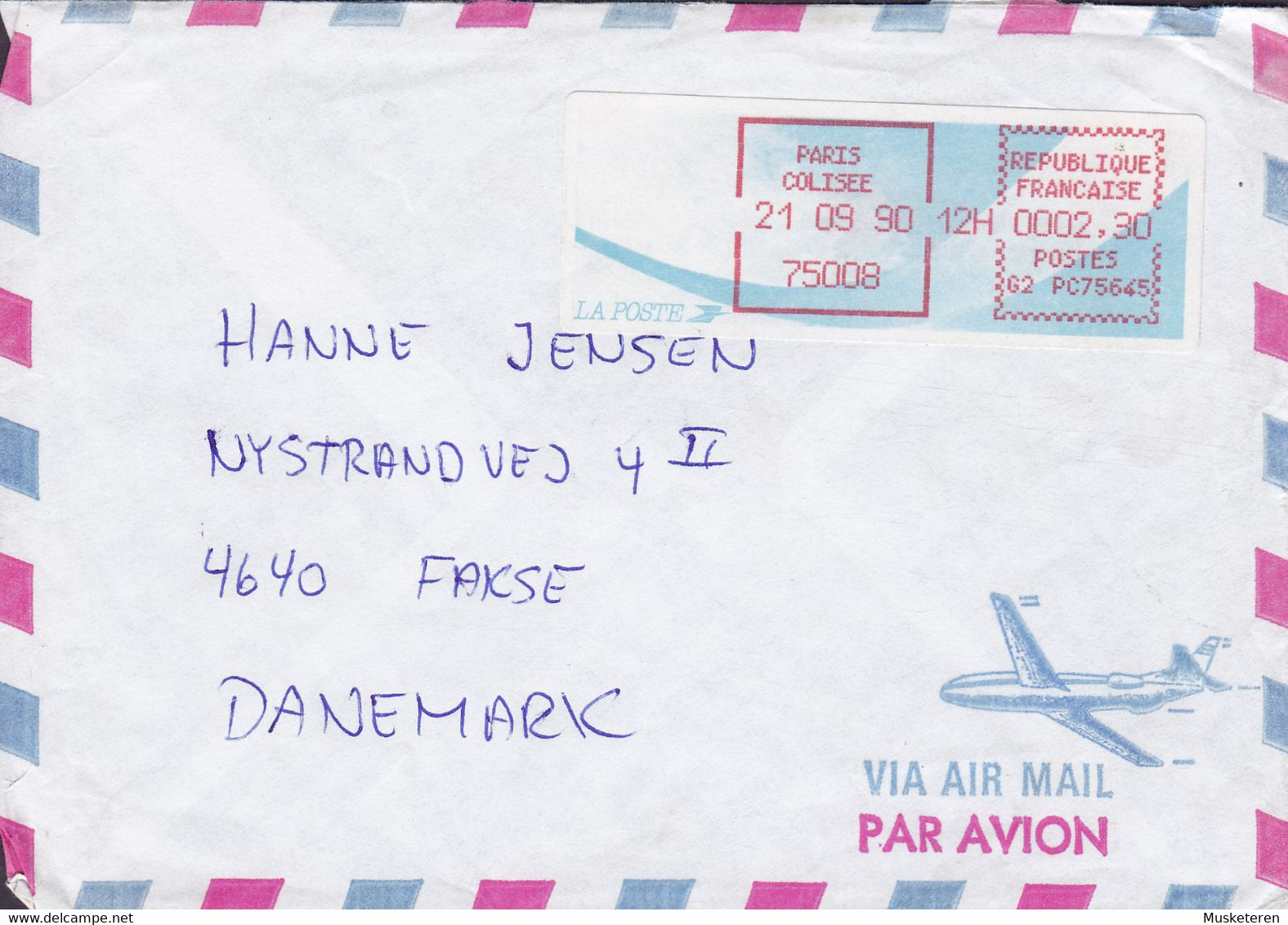 France Air Mail Par Avion (Aeroplane Cachet) PARIS COLISEE 1990 Cover Lettre FAKSE Denmark ATM Frama Label - 1988 Type « Comète »