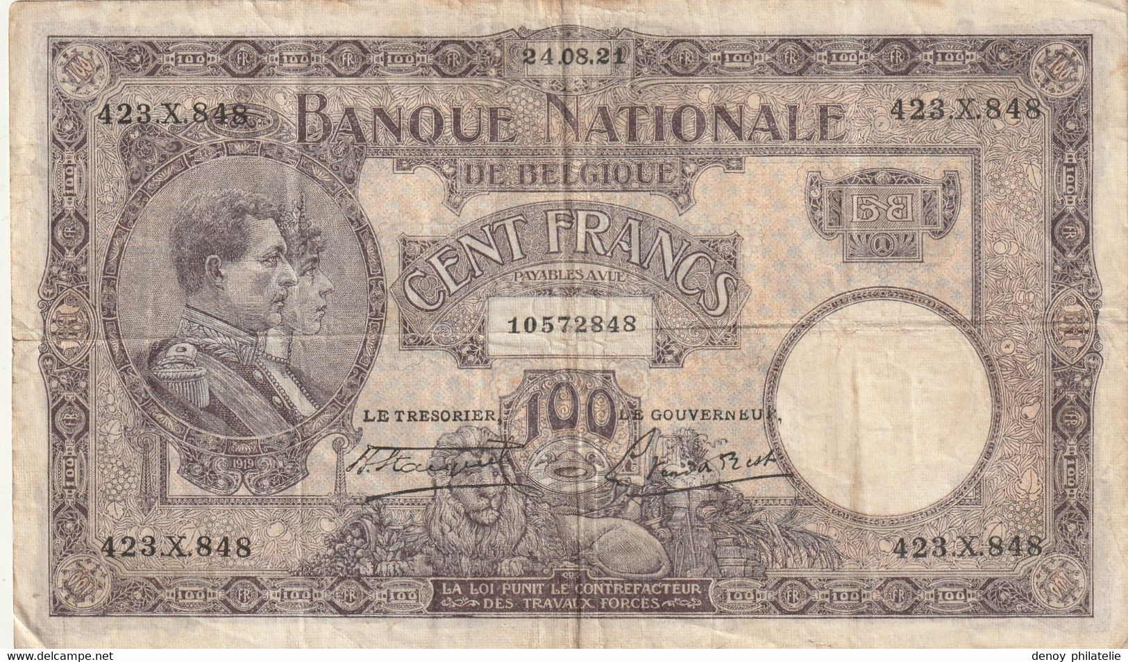 Belgique Billet De 100 Francs Du 24 08 1921 De Multiple Plis Et Froissure - 100 Francs & 100 Francs-20 Belgas