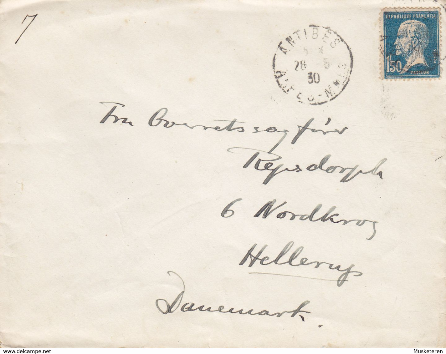 France ANTIBES 1930 Cover Lettre Nordkrog 6, HELLERUP Denmark ERROR Variety 'Lower Frame Damadged' Pasteur Timbre - Covers & Documents