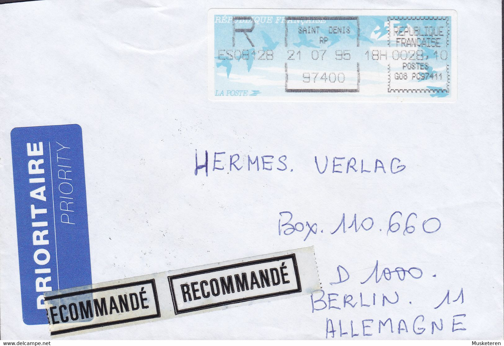 France PRIORITAIRE & Recommandé Labels SAINT DENIS 1995 Cover Lettre BERLIN Germany ATM Frama Label - 1990 Type « Oiseaux De Jubert »
