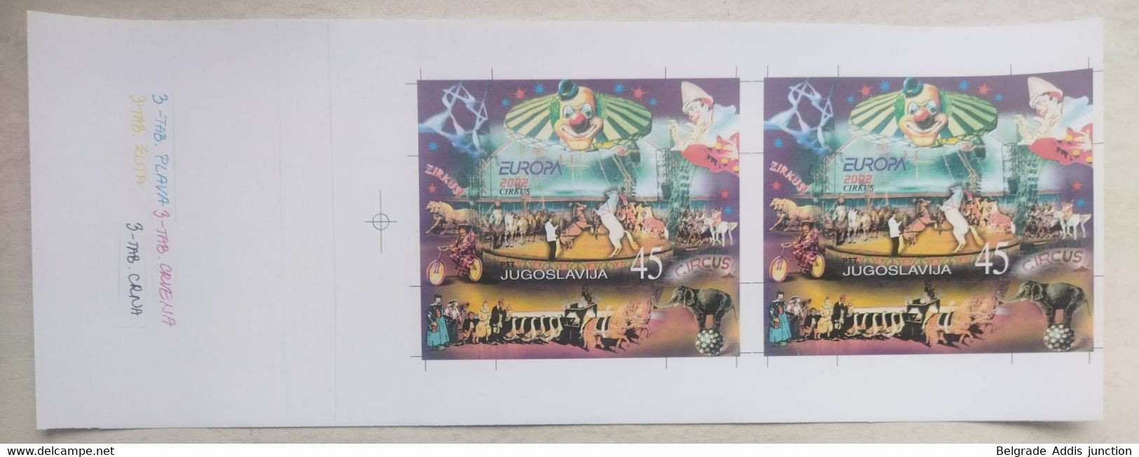 Yugoslavia Mi.Block 53 Minisheet ERROR IMPERFORATED Uncut Pair PROOF On Issued Paper  MNH / ** 2002 Europa Circus - Imperforates, Proofs & Errors