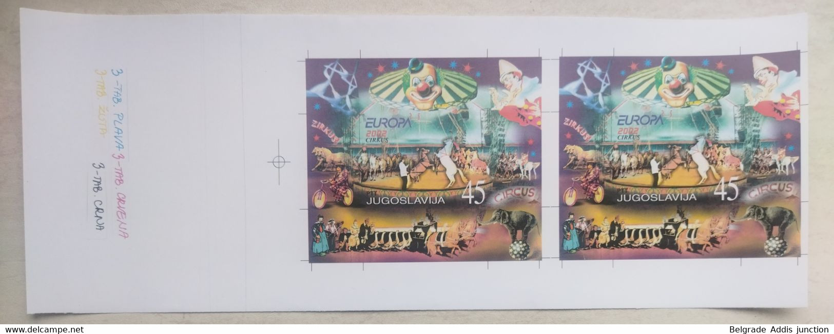 Yugoslavia Mi.Block 53 Minisheet ERROR IMPERFORATED Uncut Pair PROOF On Issued Paper  MNH / ** 2002 Europa Circus - Non Dentelés, épreuves & Variétés